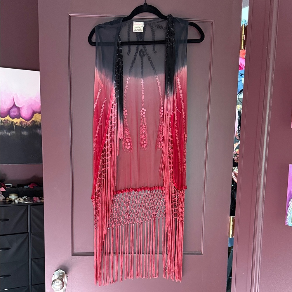 Black/pink/red FP fringe Kimono